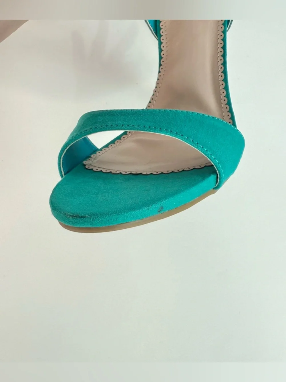 MADISON Teal Cage 3 Buckle Faux Suede Stiletto Open Toe Heels Size 9 - Picture 13 of 16